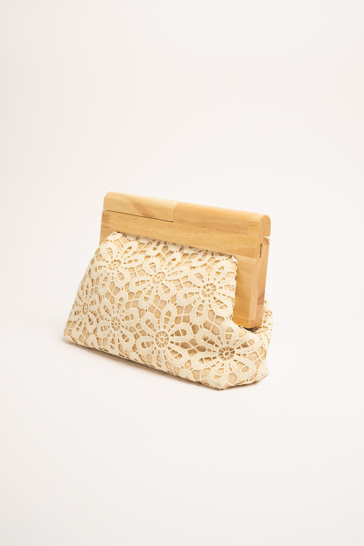 Beige lace and wood clutch bag