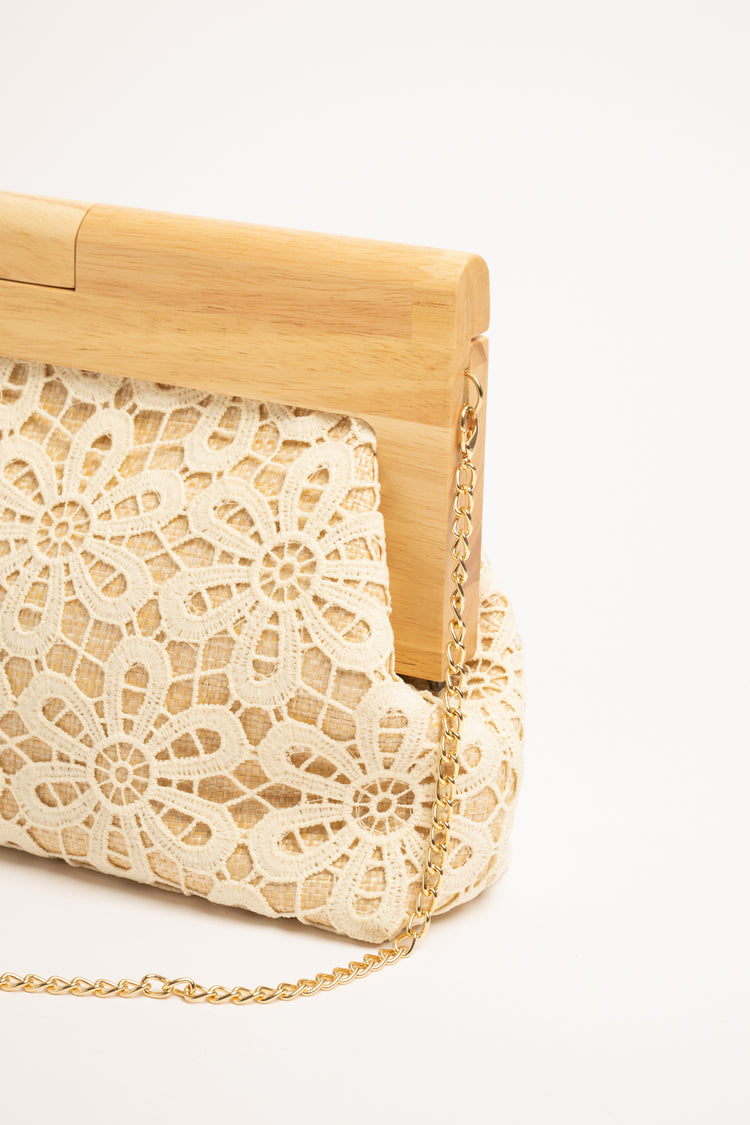 Beige lace and wood clutch bag