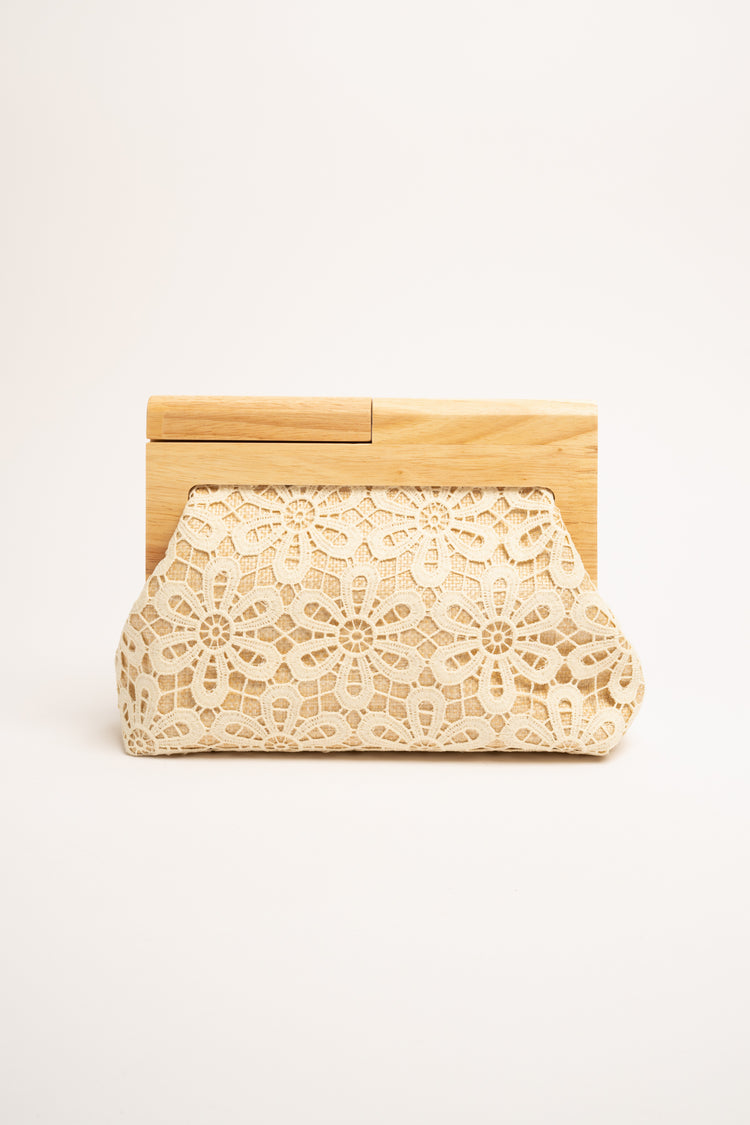 Beige lace and wood clutch bag