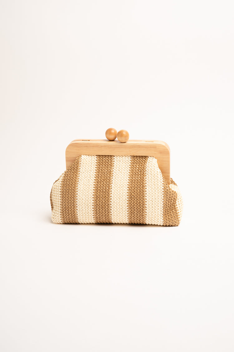 Beige striped  raffia and wood clutch bag
