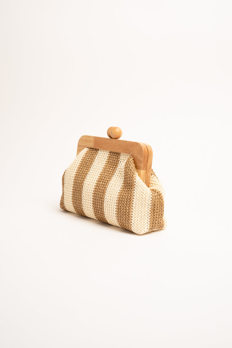 Beige striped  raffia and wood clutch bag