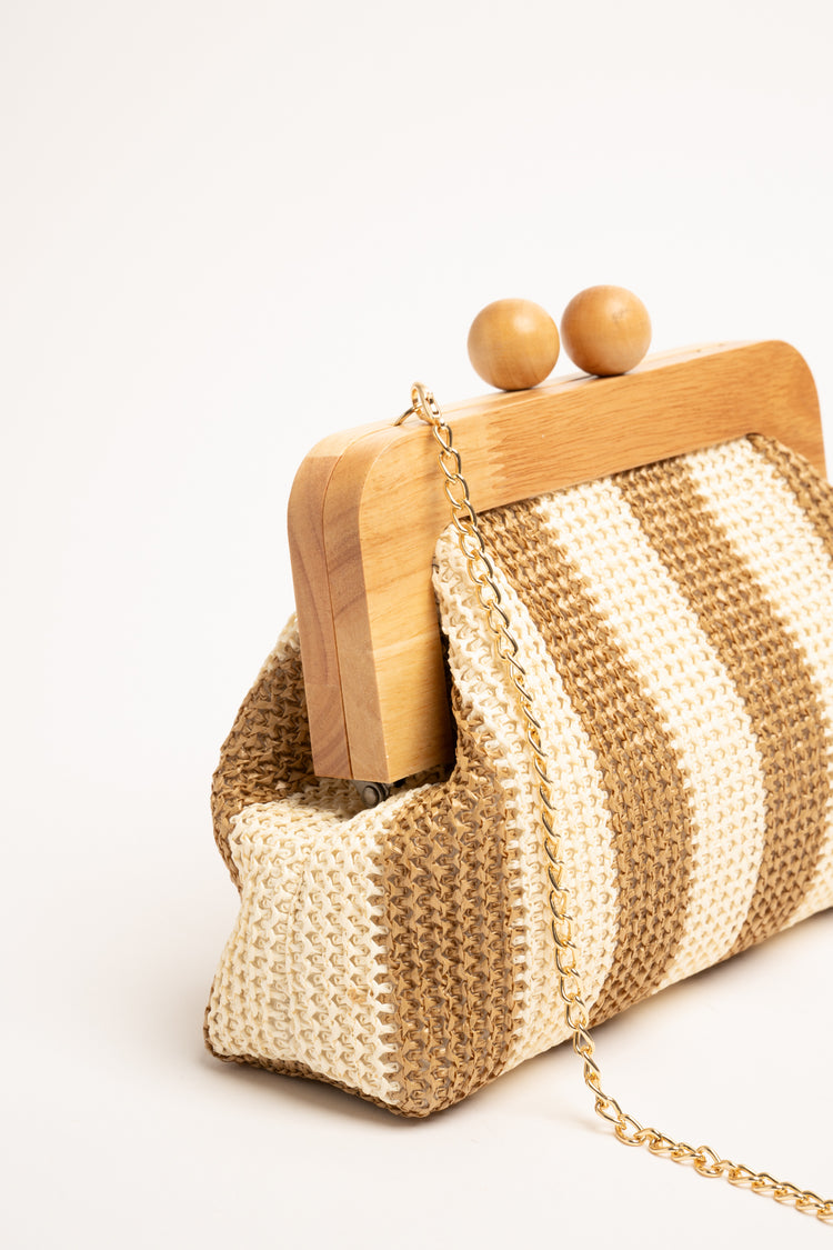 Beige striped  raffia and wood clutch bag