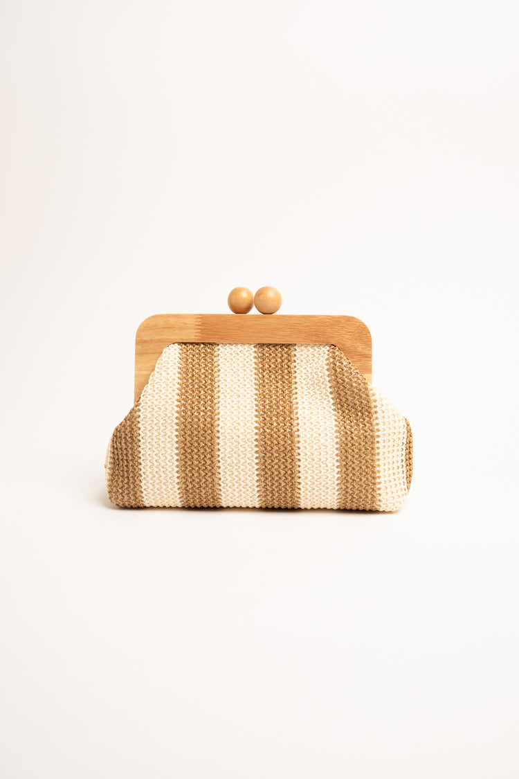 Beige striped  raffia and wood clutch bag