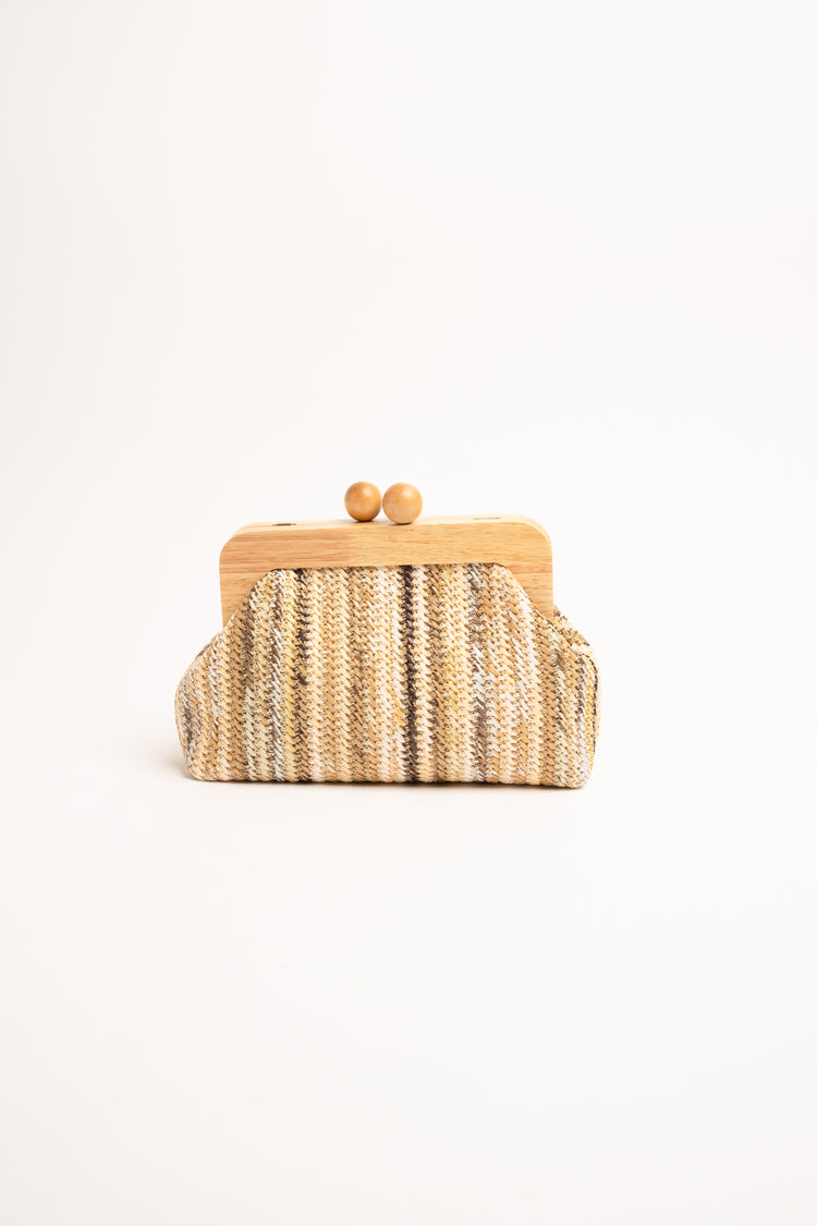 Beige striped straw clutch