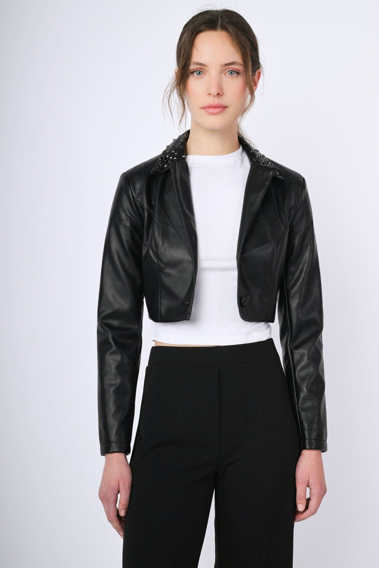 Crystal-detail faux leather crop jacket