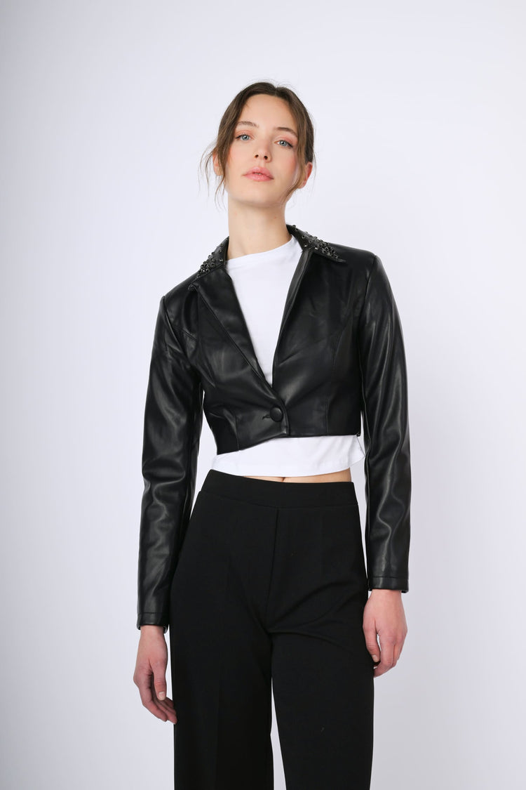 Crystal-detail faux leather crop jacket