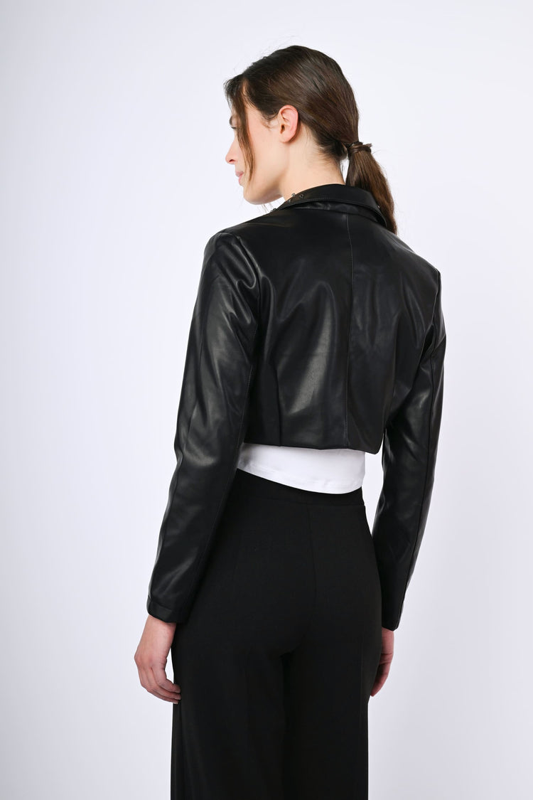 Crystal-detail faux leather crop jacket