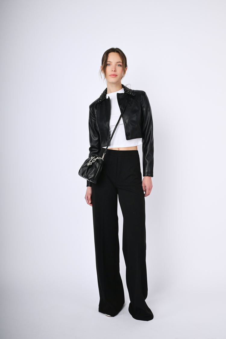 Crystal-detail faux leather crop jacket