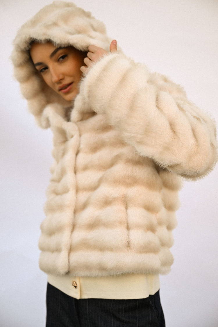 Hooded quilted faux fur jacket