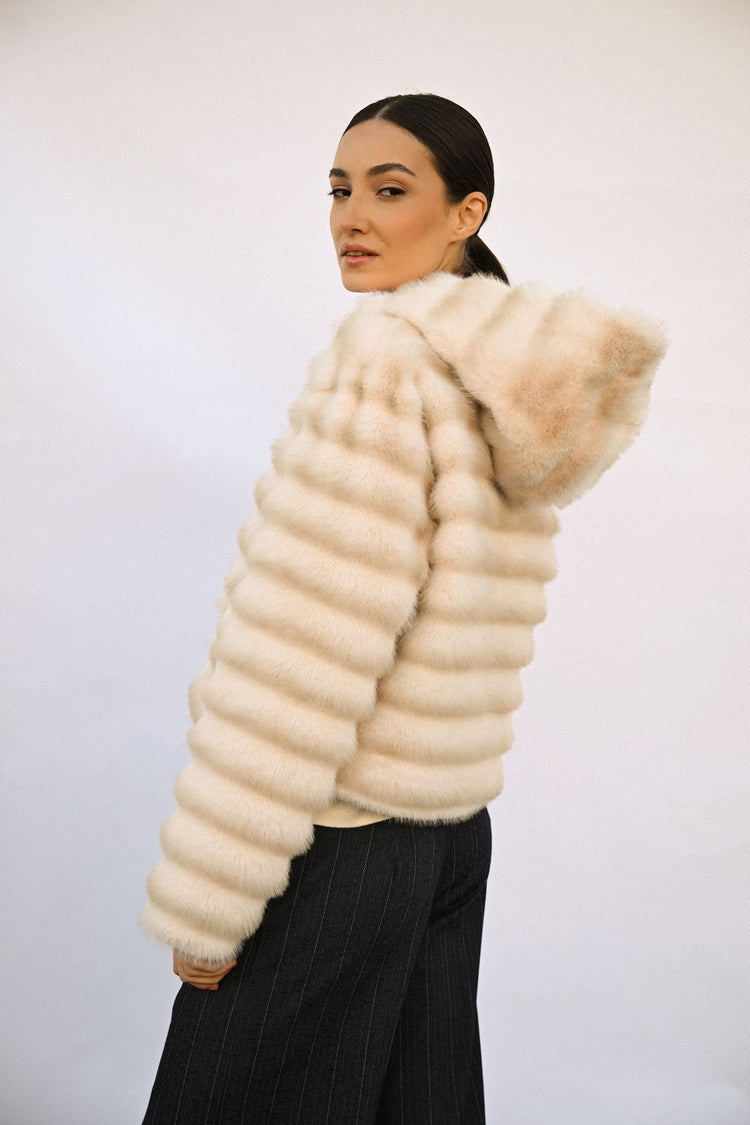 Hooded quilted faux fur jacket