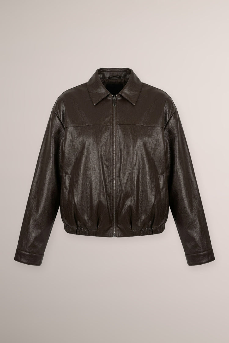 Dark brown faux leather oversized bomber jacket