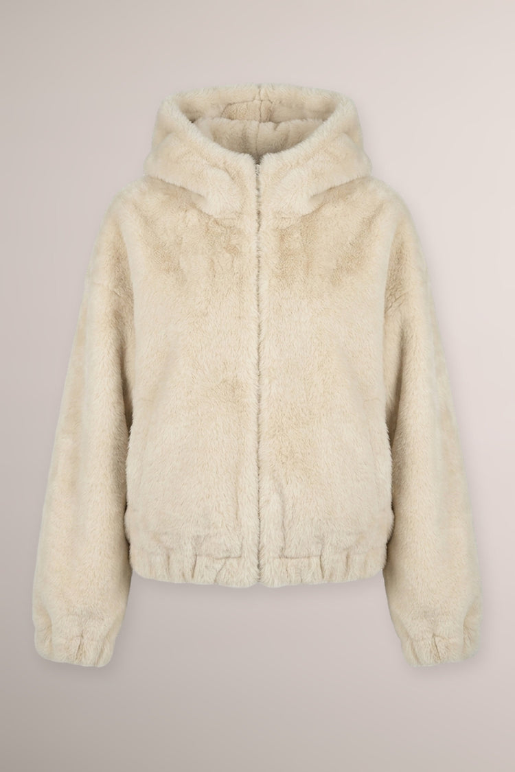 Beige faux fur hooded jacket