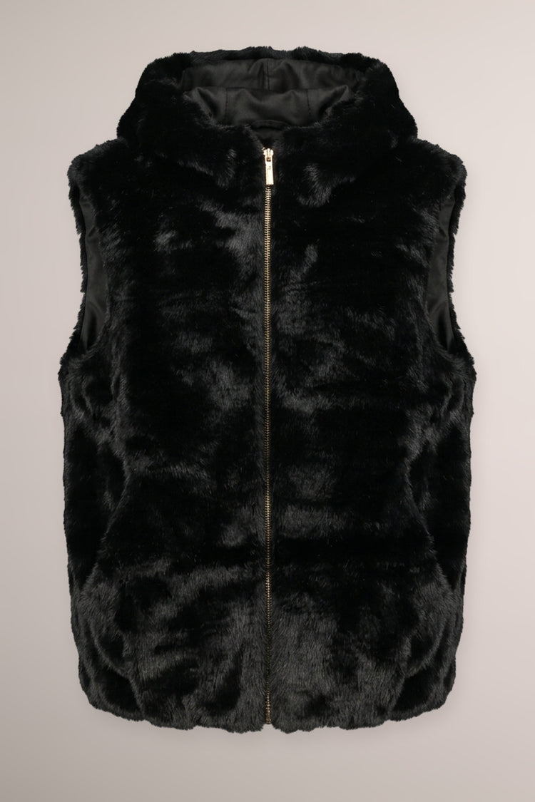 Black faux fur hooded vest