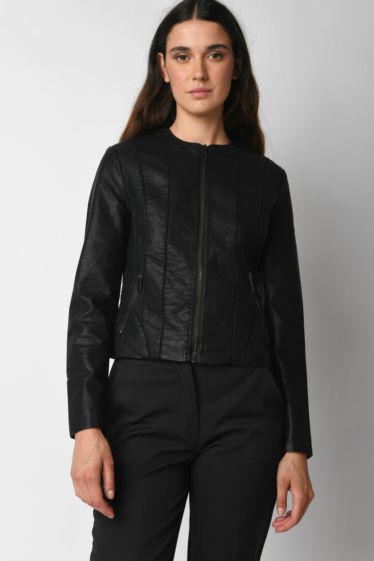 Cut-detail faux leather jacket