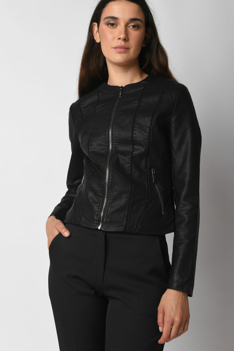 Cut-detail faux leather jacket