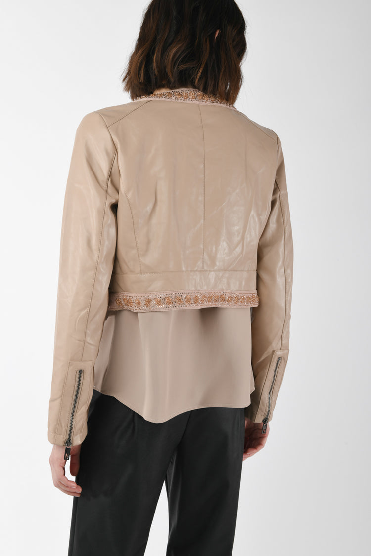 Rhinestoned faux leather crop jacket