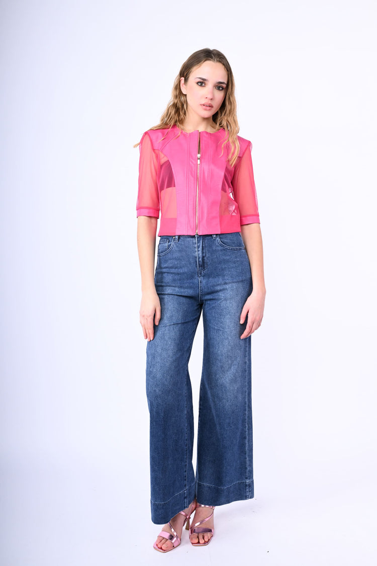 Tulle and faux leather cropped jacket