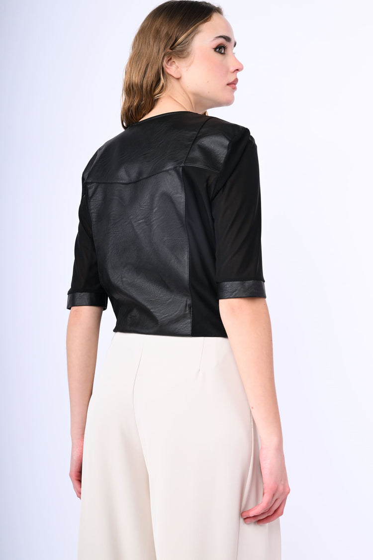 Tulle and faux leather cropped jacket