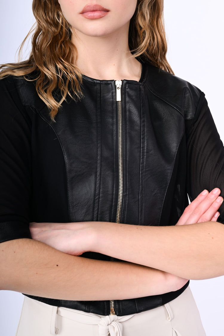 Tulle and faux leather cropped jacket