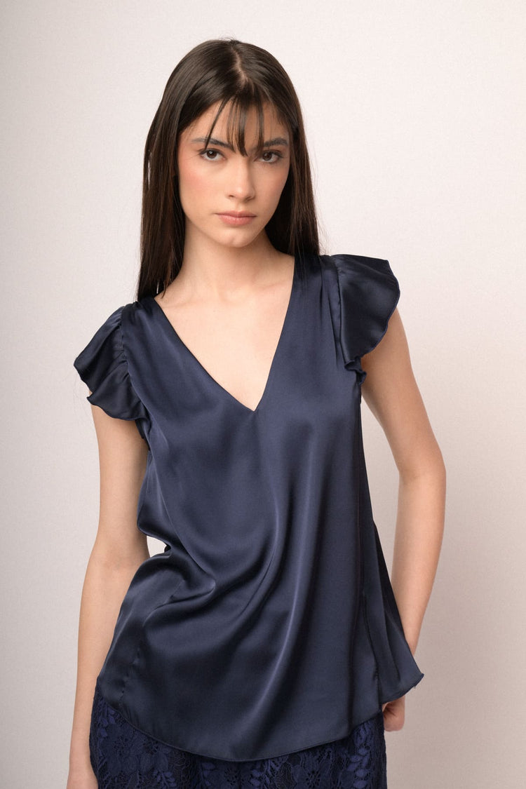 Blue satin V-neck & cap sleeves top