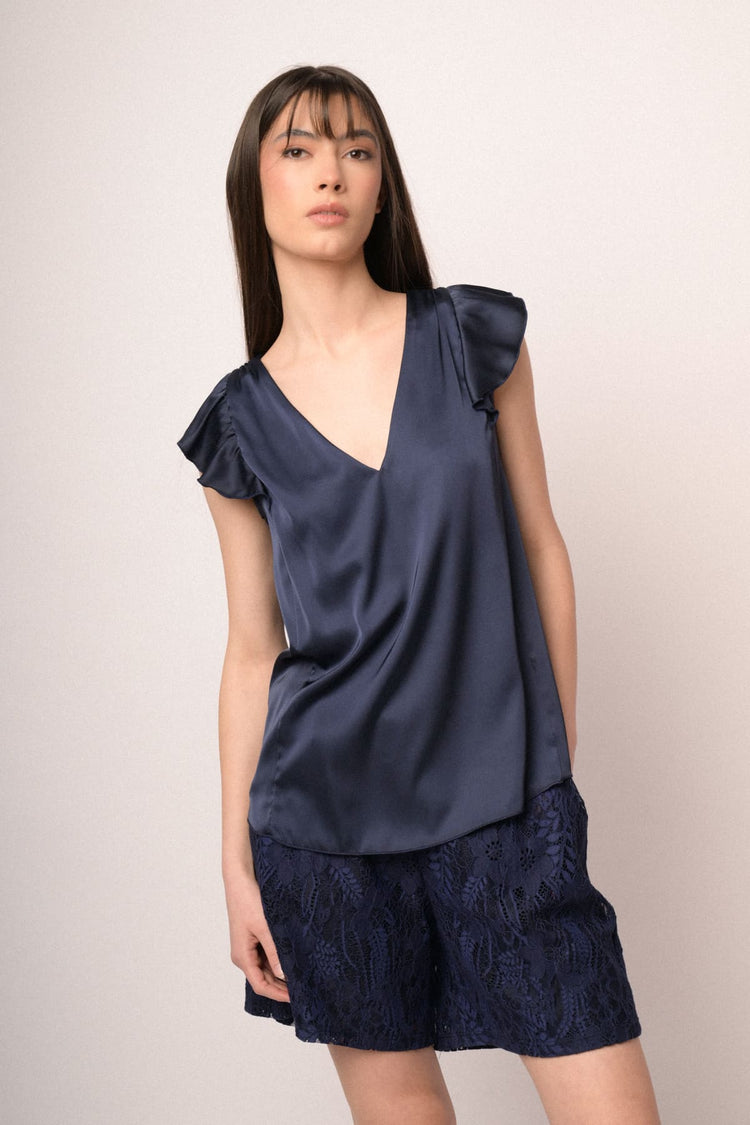 Blue satin V-neck & cap sleeves top