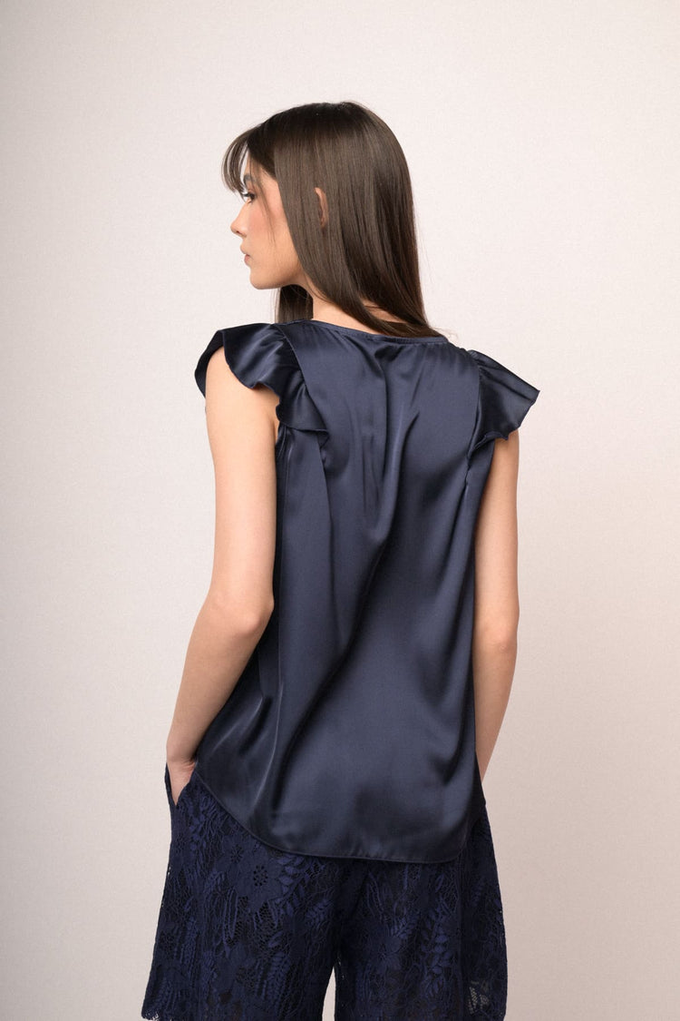 Blue satin V-neck & cap sleeves top