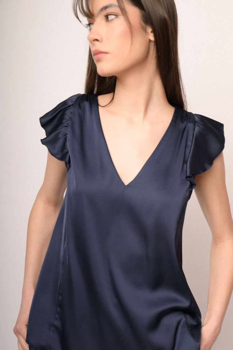 Blue satin V-neck & cap sleeves top