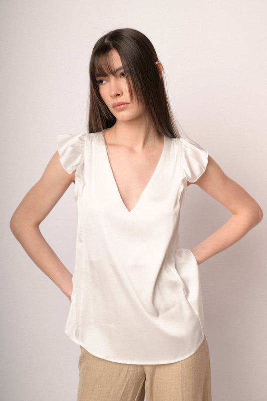 White satin V-neck & cap sleeves top