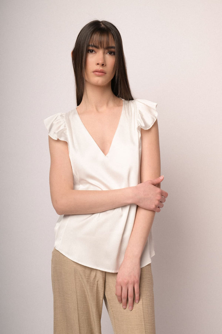 White satin V-neck & cap sleeves top