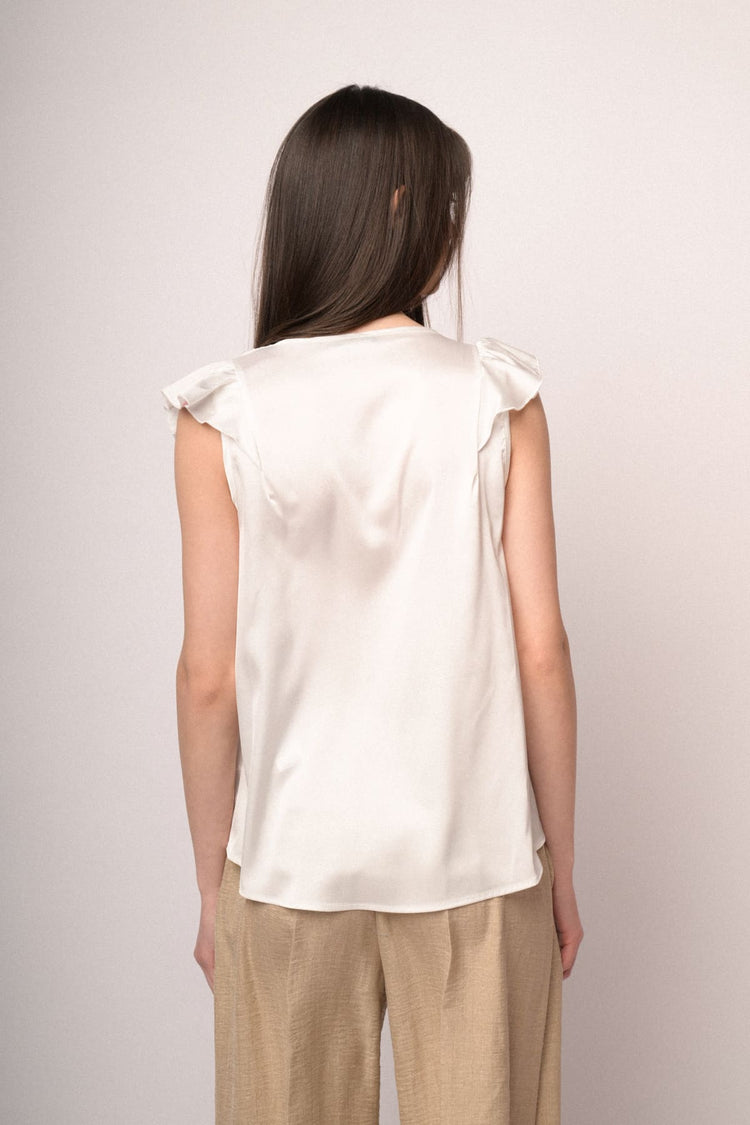 White satin V-neck & cap sleeves top