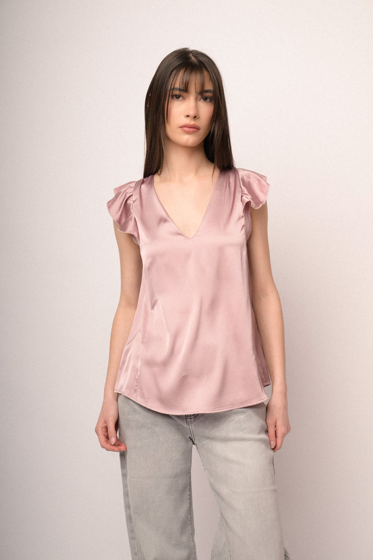 Pink satin V-neck & cap sleeves top