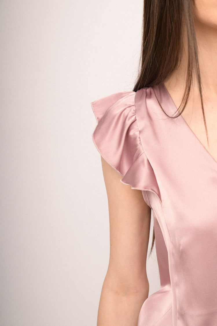 Pink satin V-neck & cap sleeves top