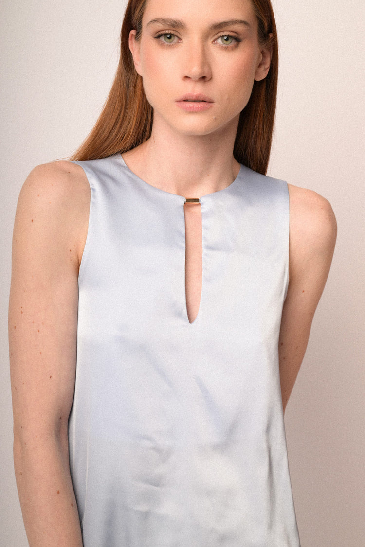 Sky blue satin teardrop sleeveless top