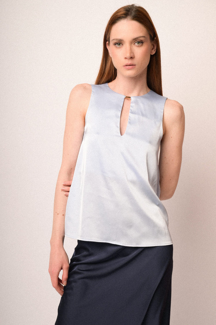 Sky blue satin teardrop sleeveless top