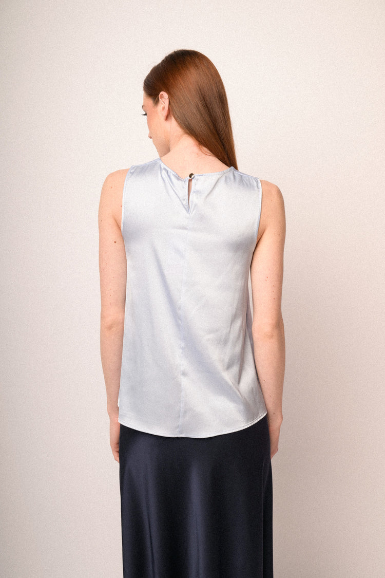 Sky blue satin teardrop sleeveless top