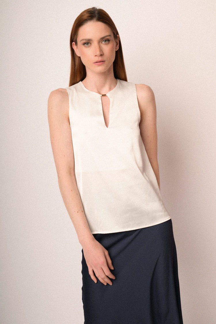 White satin teardrop sleeveless top