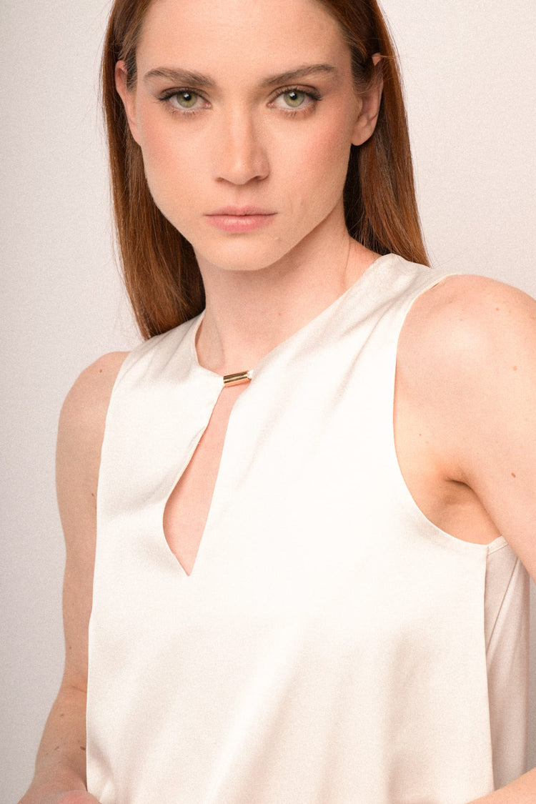 White satin teardrop sleeveless top