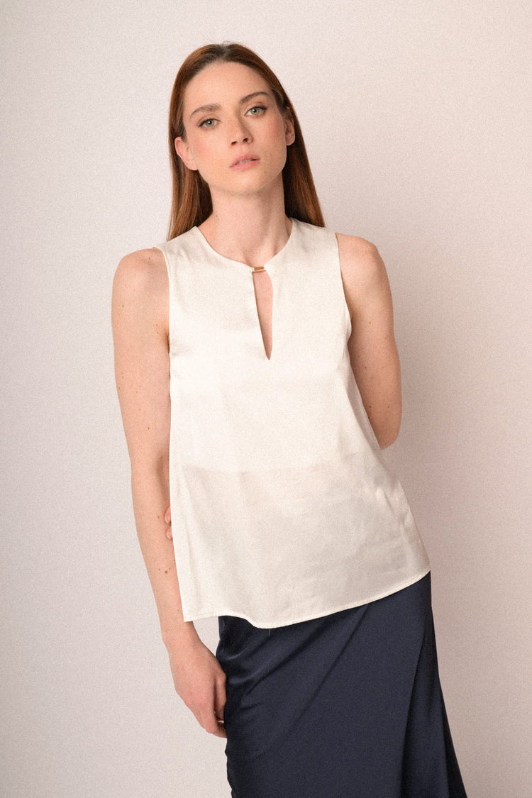 White satin teardrop sleeveless top