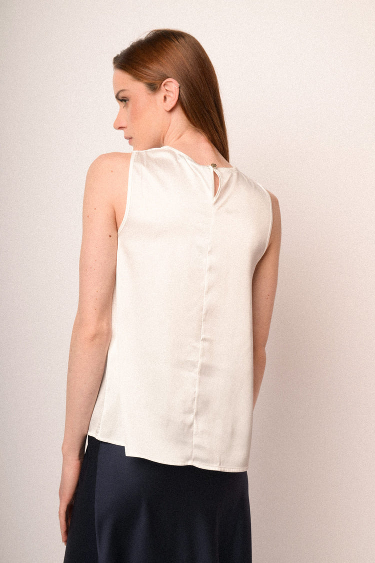 White satin teardrop sleeveless top