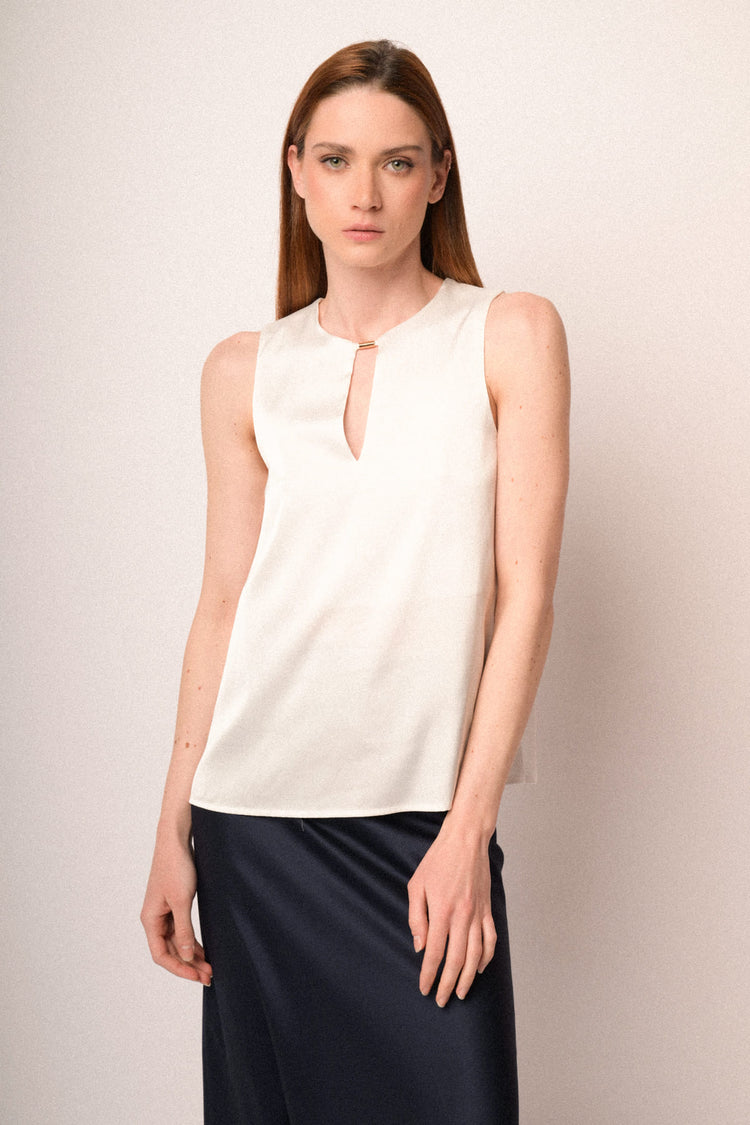 White satin teardrop sleeveless top