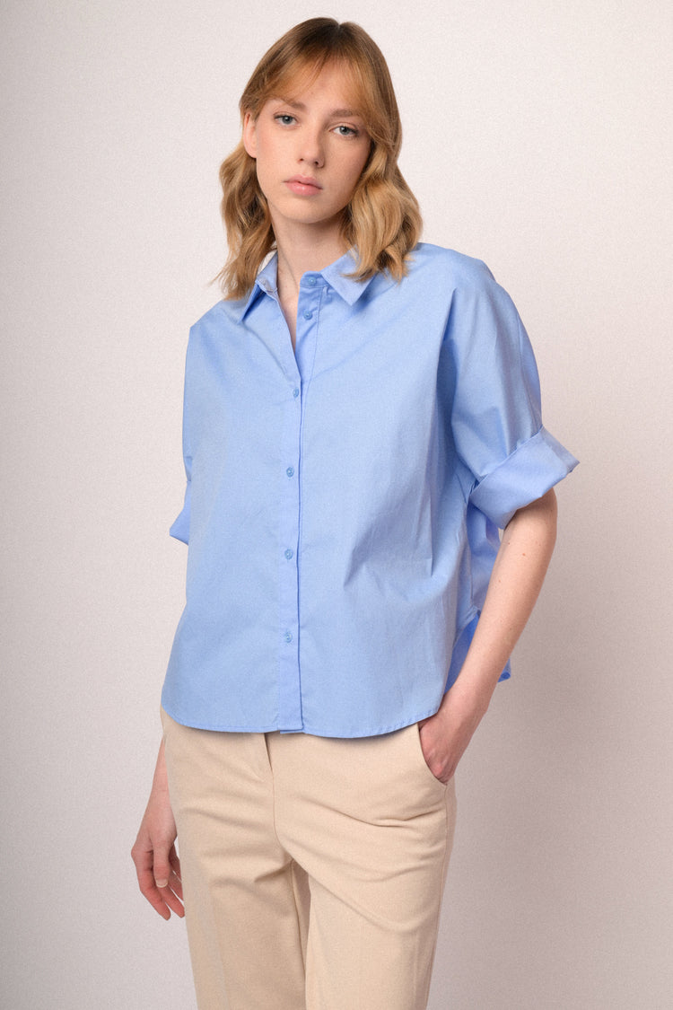 Sky blue cotton rolled-up sleeved boxy-fit shirt
