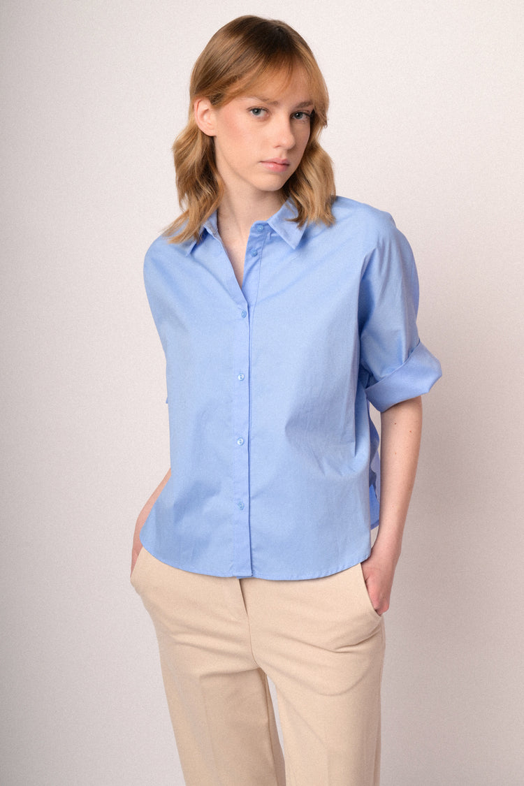 Sky blue cotton rolled-up sleeved boxy-fit shirt
