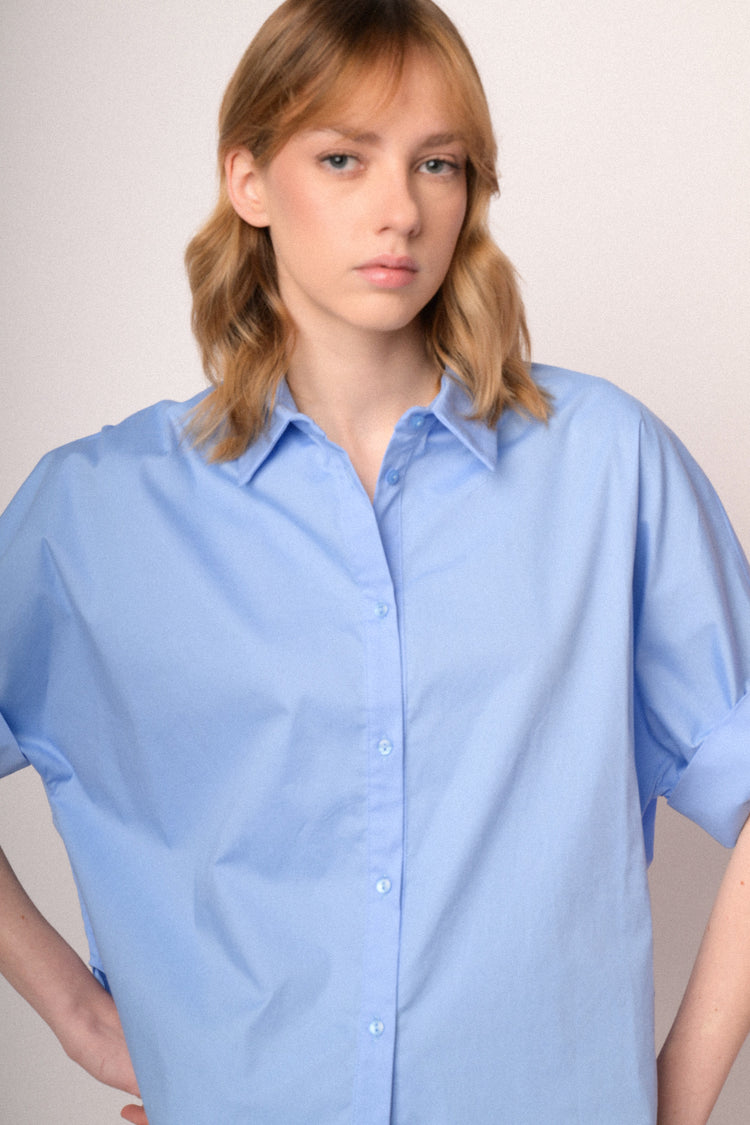 Sky blue cotton rolled-up sleeved boxy-fit shirt