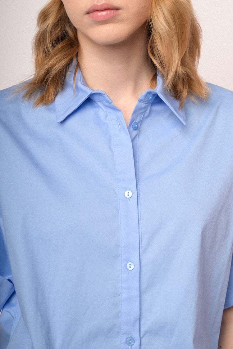 Sky blue cotton rolled-up sleeved boxy-fit shirt