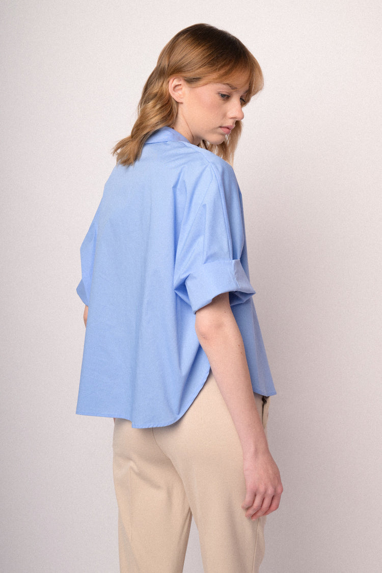 Sky blue cotton rolled-up sleeved boxy-fit shirt