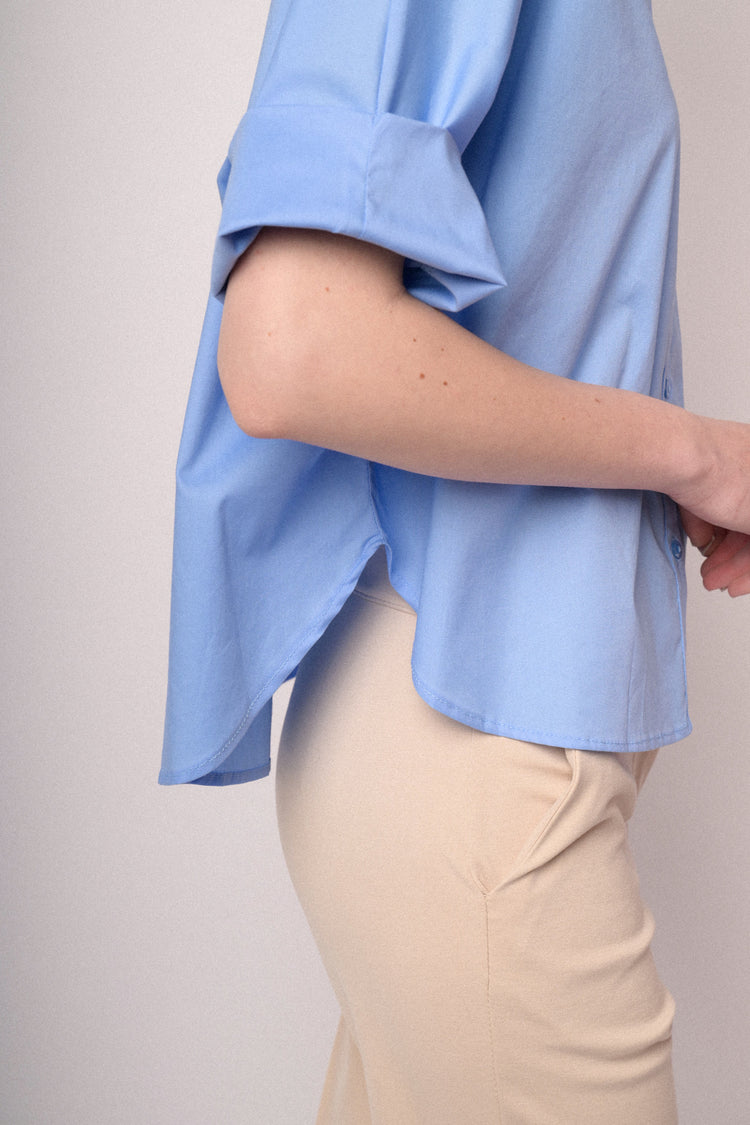 Sky blue cotton rolled-up sleeved boxy-fit shirt