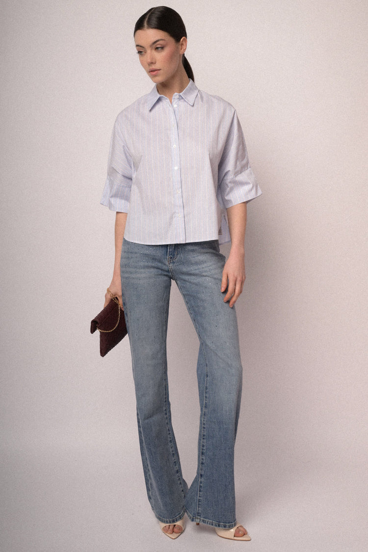 Cropped sleeves striped shirt