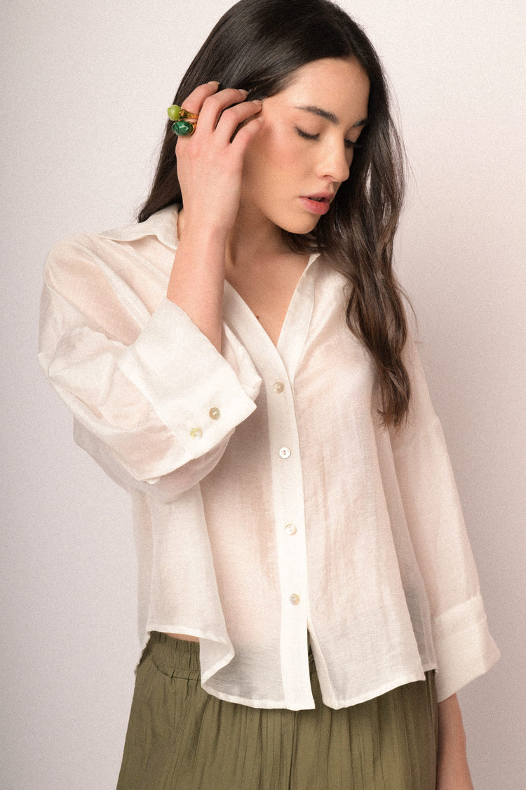 White lyocell-blend wide-sleeved boxy-fit shirt
