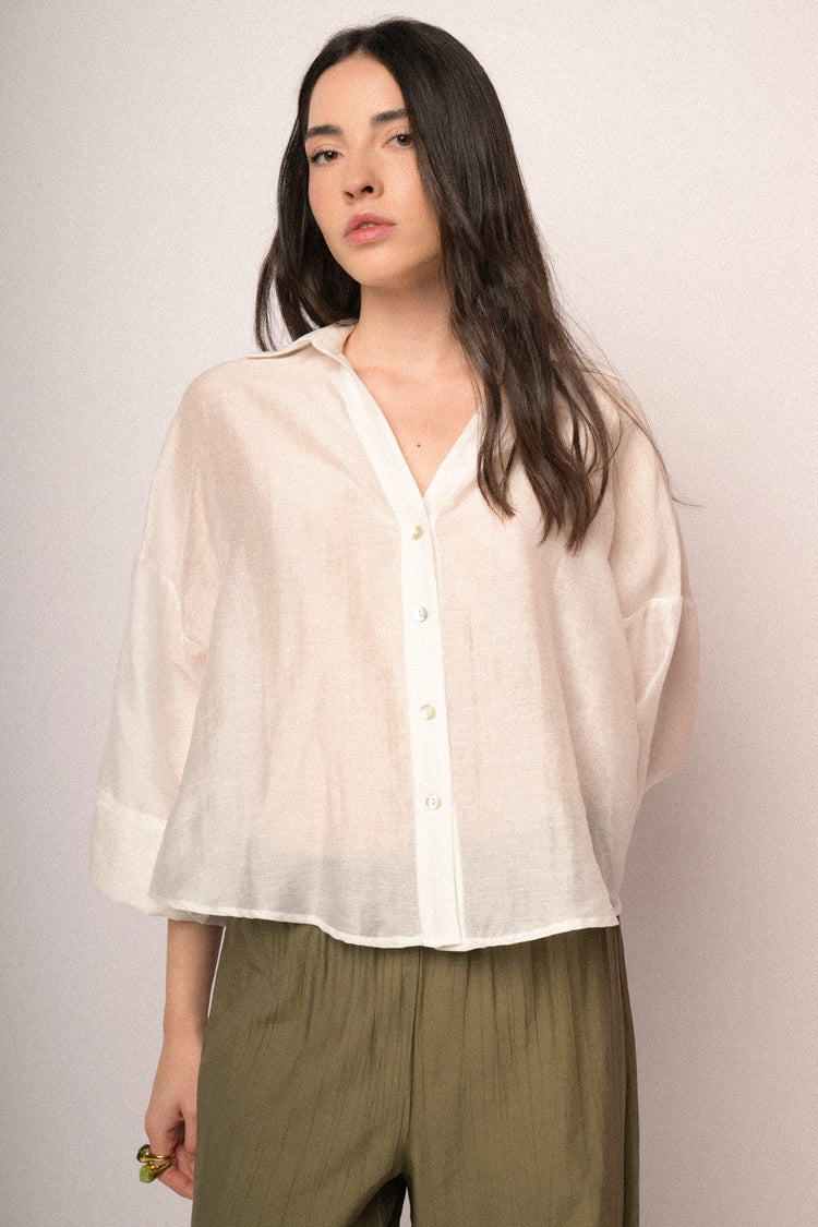White lyocell-blend wide-sleeved boxy-fit shirt
