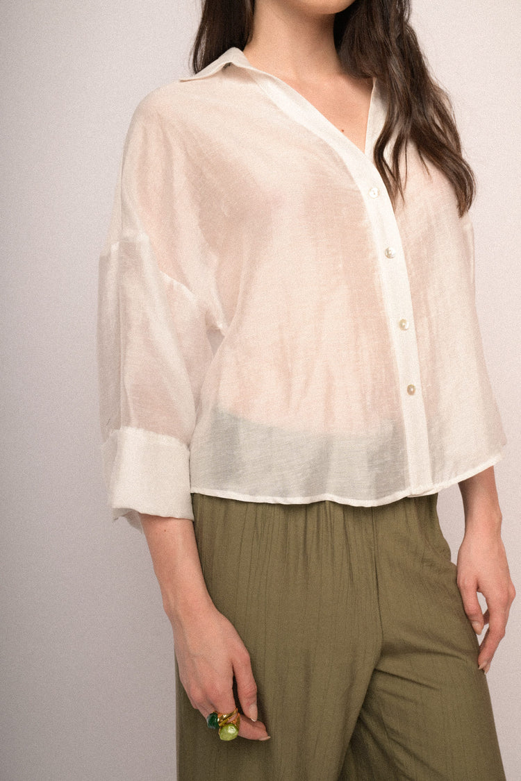White lyocell-blend wide-sleeved boxy-fit shirt